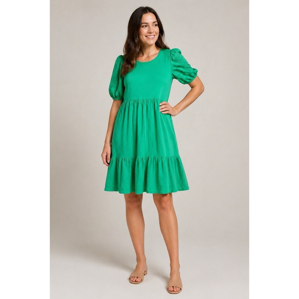 J.Crew Green Puff Sleeve Dress S Cottagecore Preppy Spring Tiered